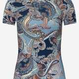 A short-sleeve crewneck t-shirt featuring an intricate paisley pattern in shades of navy blue, light blue, rust orange, and white, displayed on a clean white background.