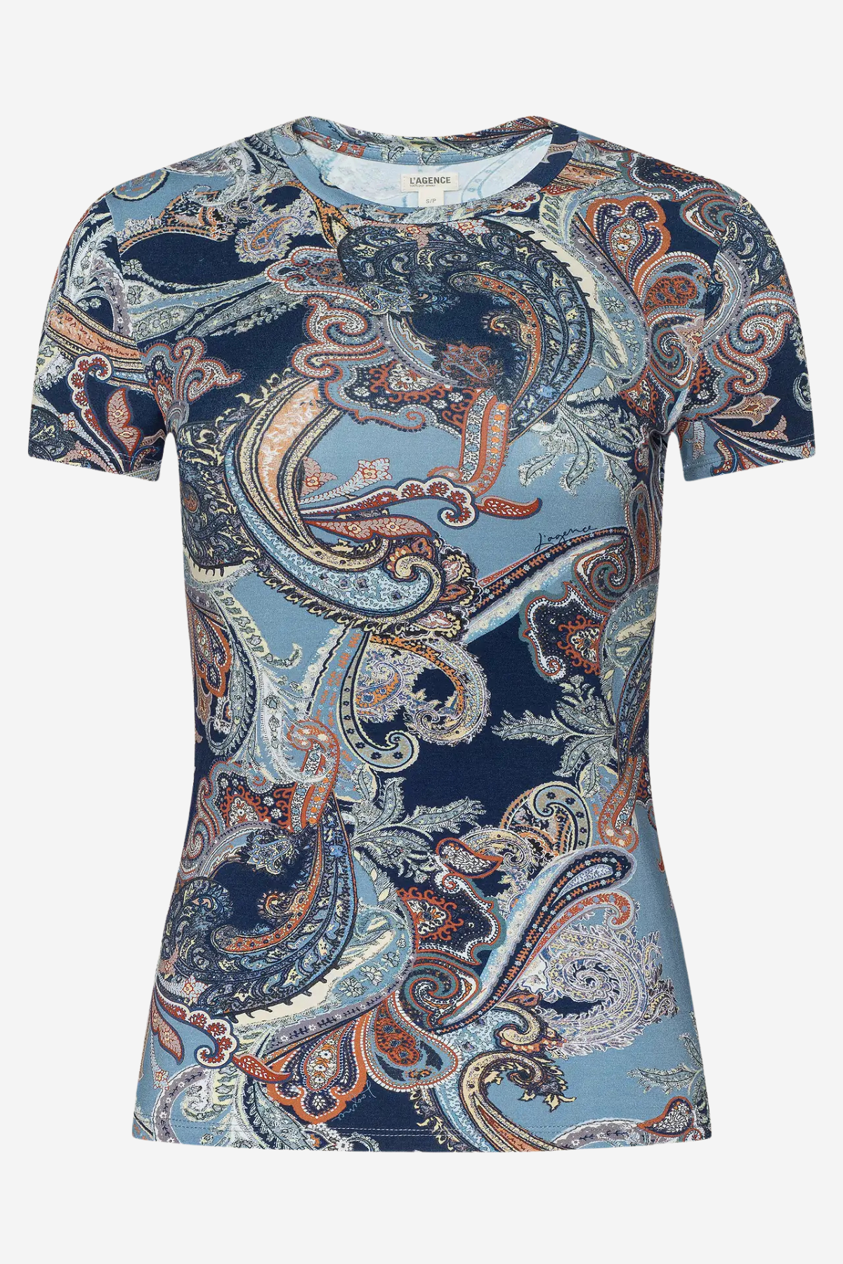 A short-sleeve crewneck t-shirt featuring an intricate paisley pattern in shades of navy blue, light blue, rust orange, and white, displayed on a clean white background.