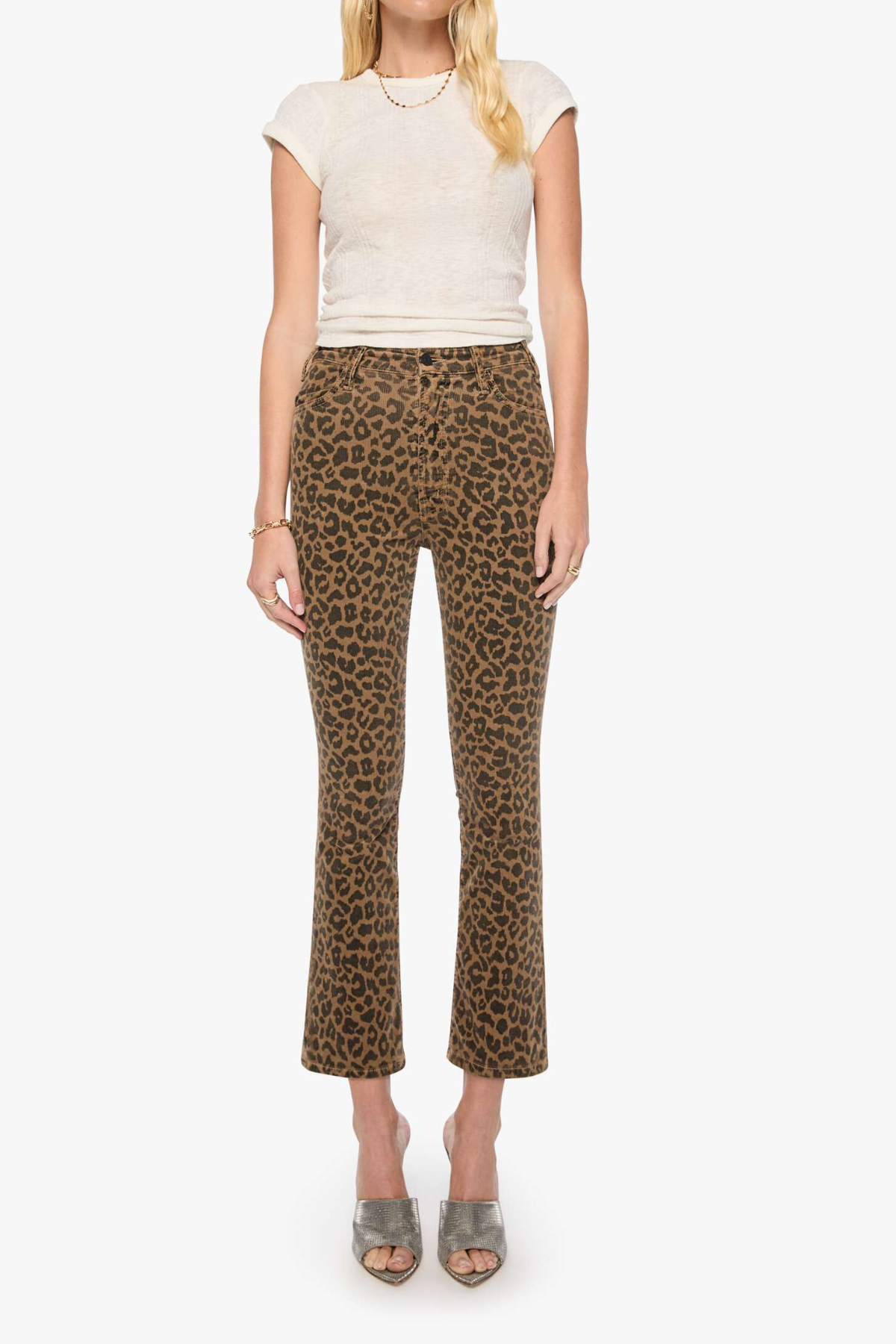 Model wearing high-rise cropped wide-leg leopard print jeans.