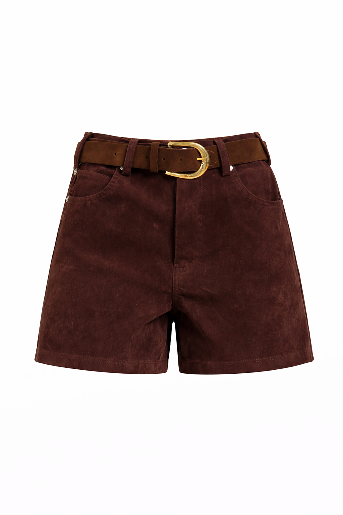 Brown shorts with a gold belt on a white background