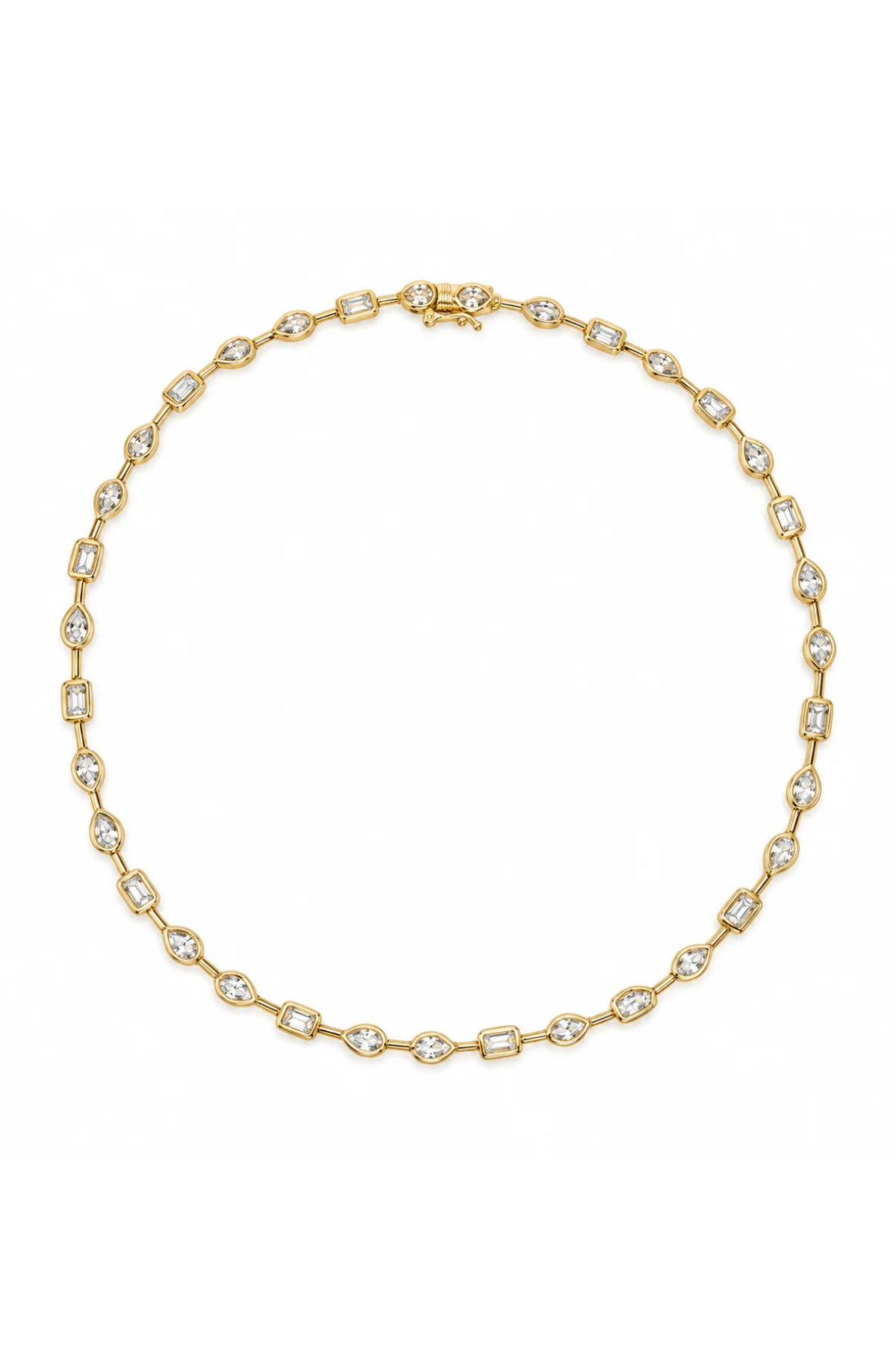A gold tennis necklace featuring small oval-cut clear gemstones set in a yellow gold chain, displayed on a clean white background.