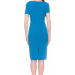 back of woman blue midi dress on white background 