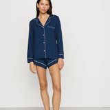 Navy blue Tencel™ modal pajama set featuring a short-sleeve button-front top and matching shorts.