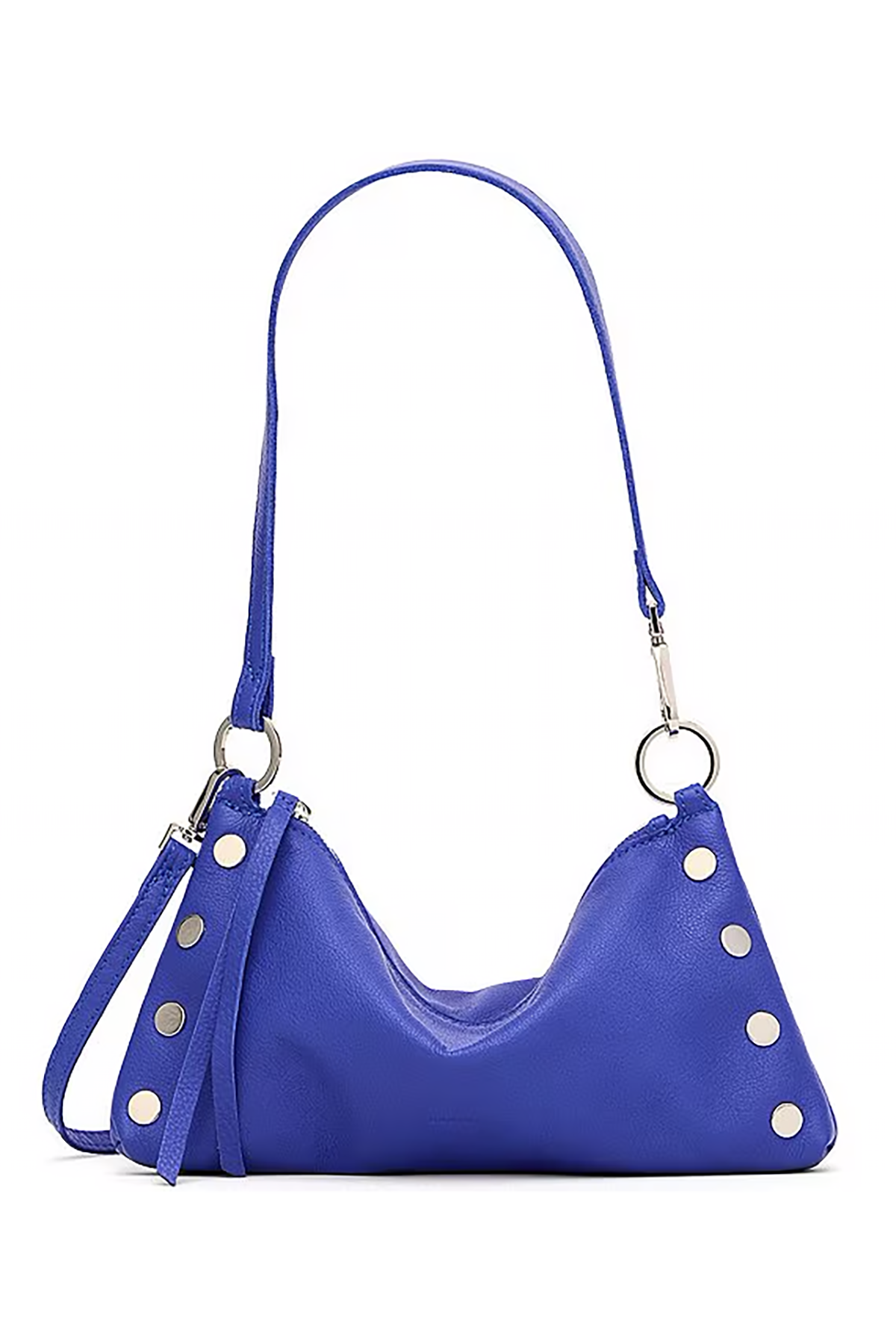 Blue Hammitt Kyle shoulder bag with silver hardware, photographed against a minimal background.