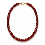 A beaded necklace made of small, dark red round beads with a gold clasp, shown on a plain white background.