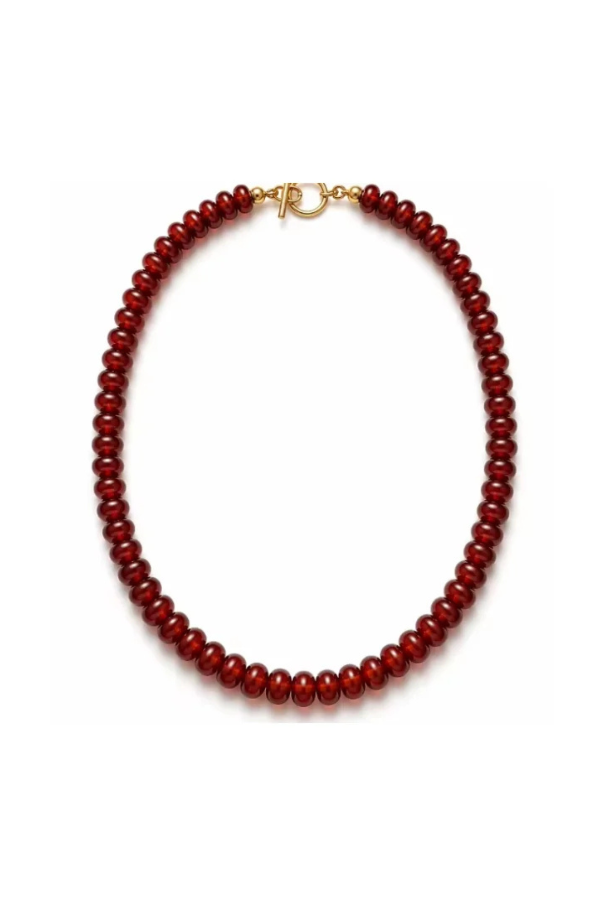 A beaded necklace made of small, dark red round beads with a gold clasp, shown on a plain white background.