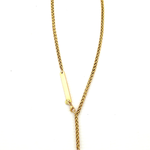 A gold chain necklace with a Y-shaped drop design, featuring a flat rectangular bar on one side and a small pointed star-like charm on the other, displayed on a white background.