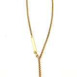 A gold chain necklace with a Y-shaped drop design, featuring a flat rectangular bar on one side and a small pointed star-like charm on the other, displayed on a white background.