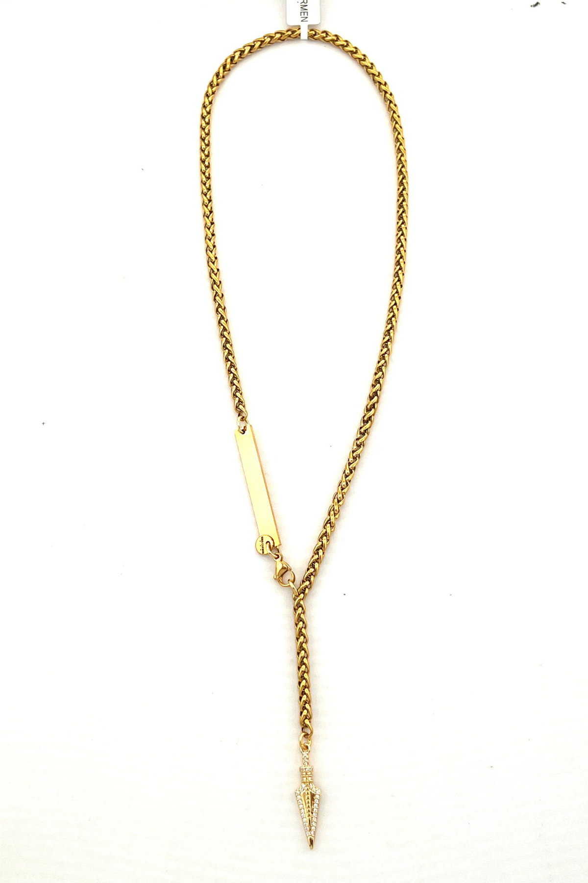 A gold chain necklace with a Y-shaped drop design, featuring a flat rectangular bar on one side and a small pointed star-like charm on the other, displayed on a white background.