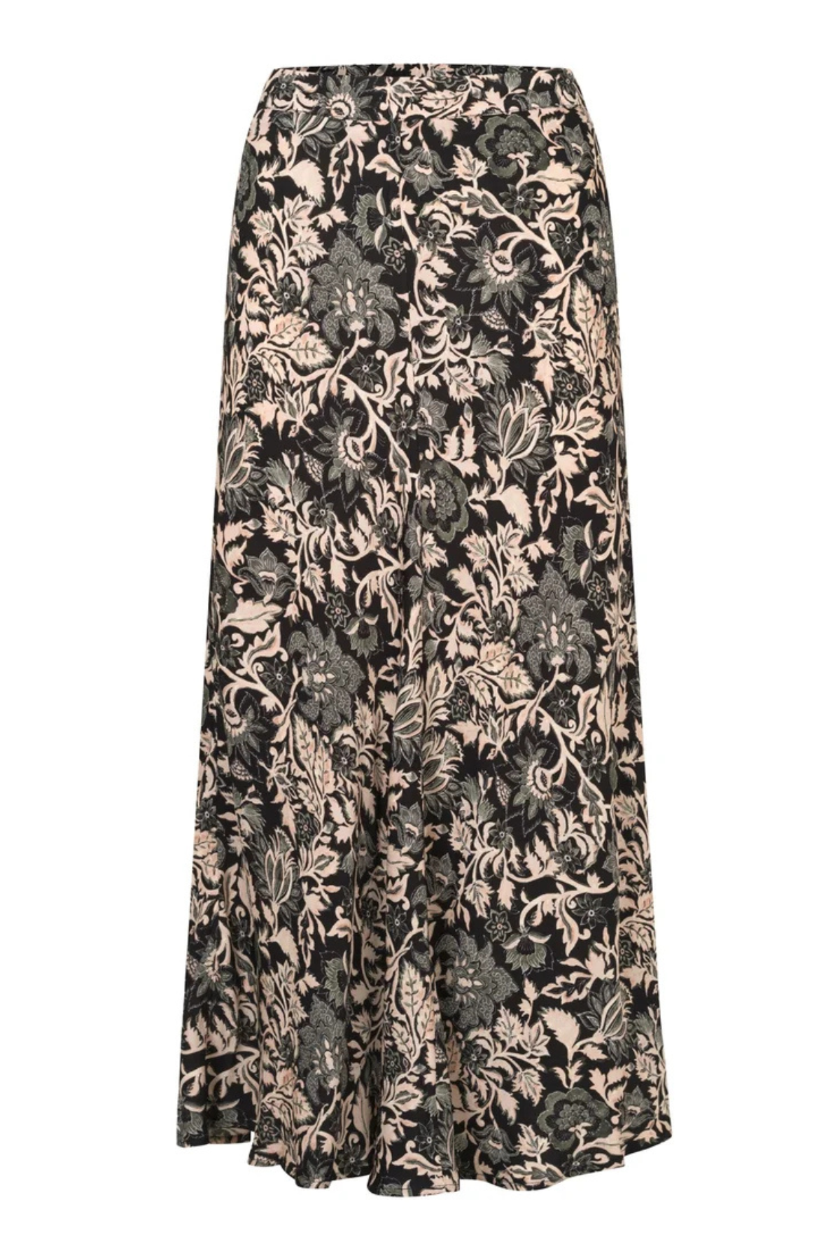 A high-waisted, floor-length A-line skirt featuring an intricate floral and botanical damask pattern in black, beige, and gray tones, shown against a plain white background.
