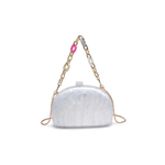 White glittery handbag with gold chain handle on a white background