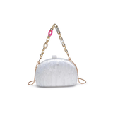 White glittery handbag with gold chain handle on a white background