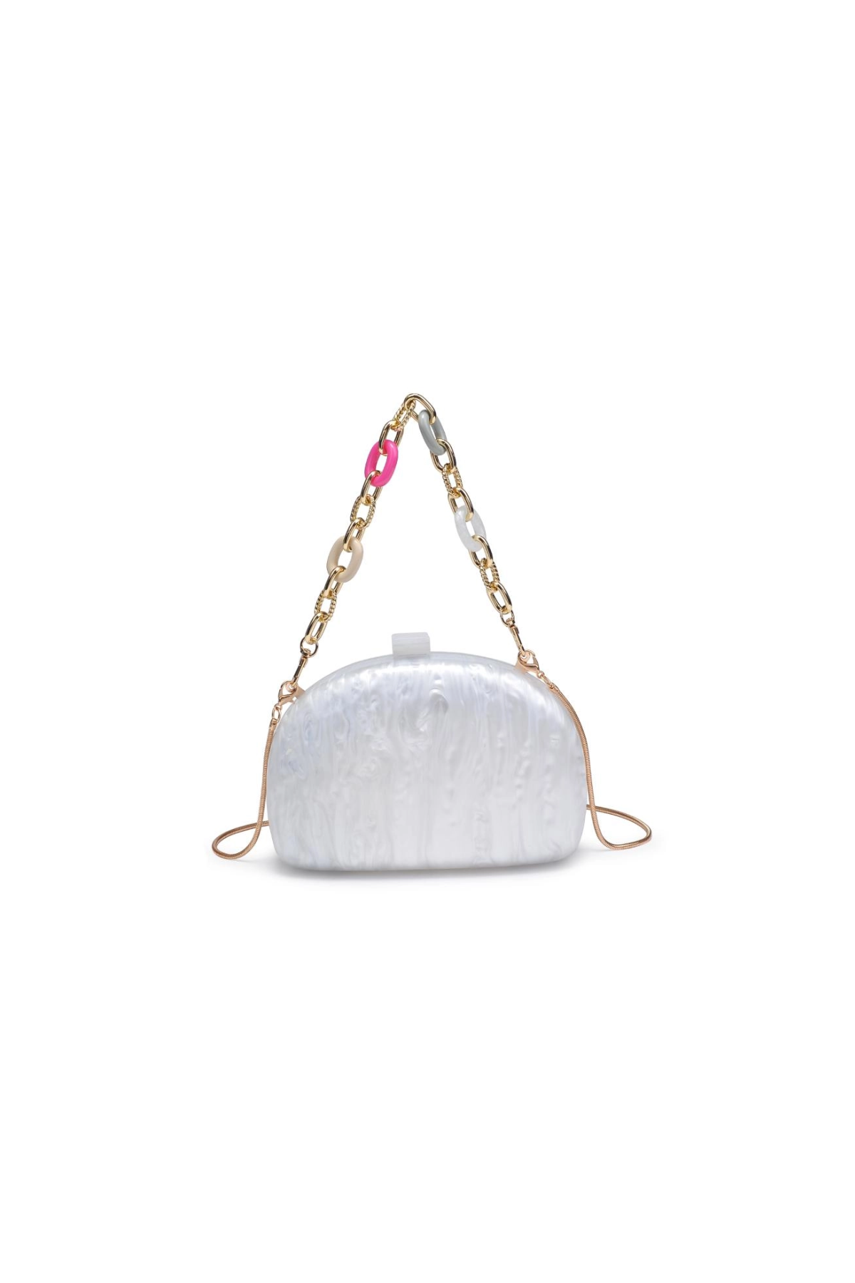 White glittery handbag with gold chain handle on a white background