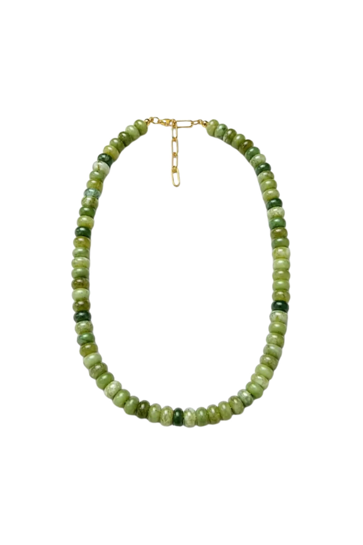 A beaded necklace made of round green stone beads in varying shades, with a small gold clasp, shown on a plain white background.
