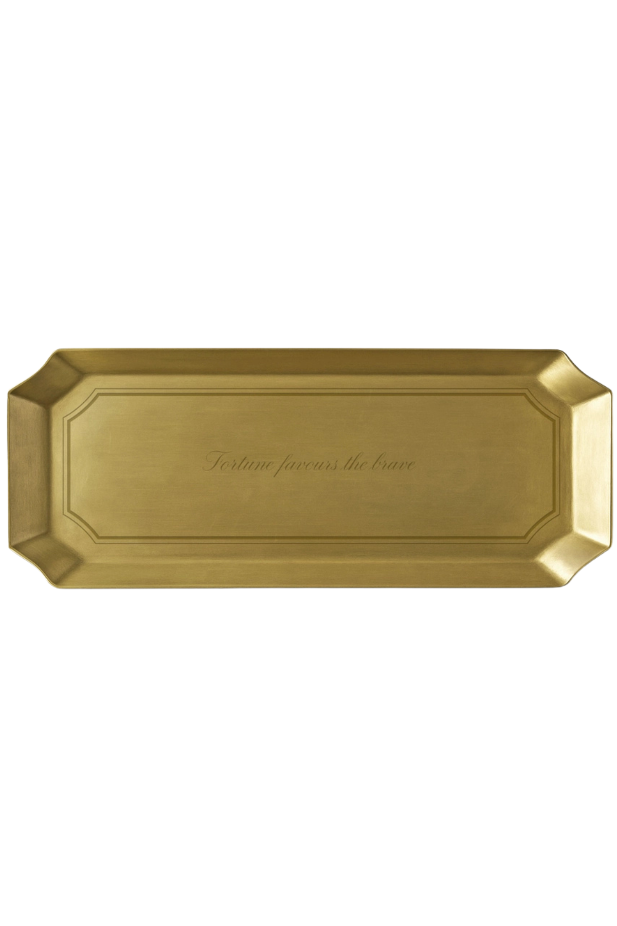 A rectangular gold-toned metal tray with beveled corners and a subtle embossed script in the center, shown against a plain white background.