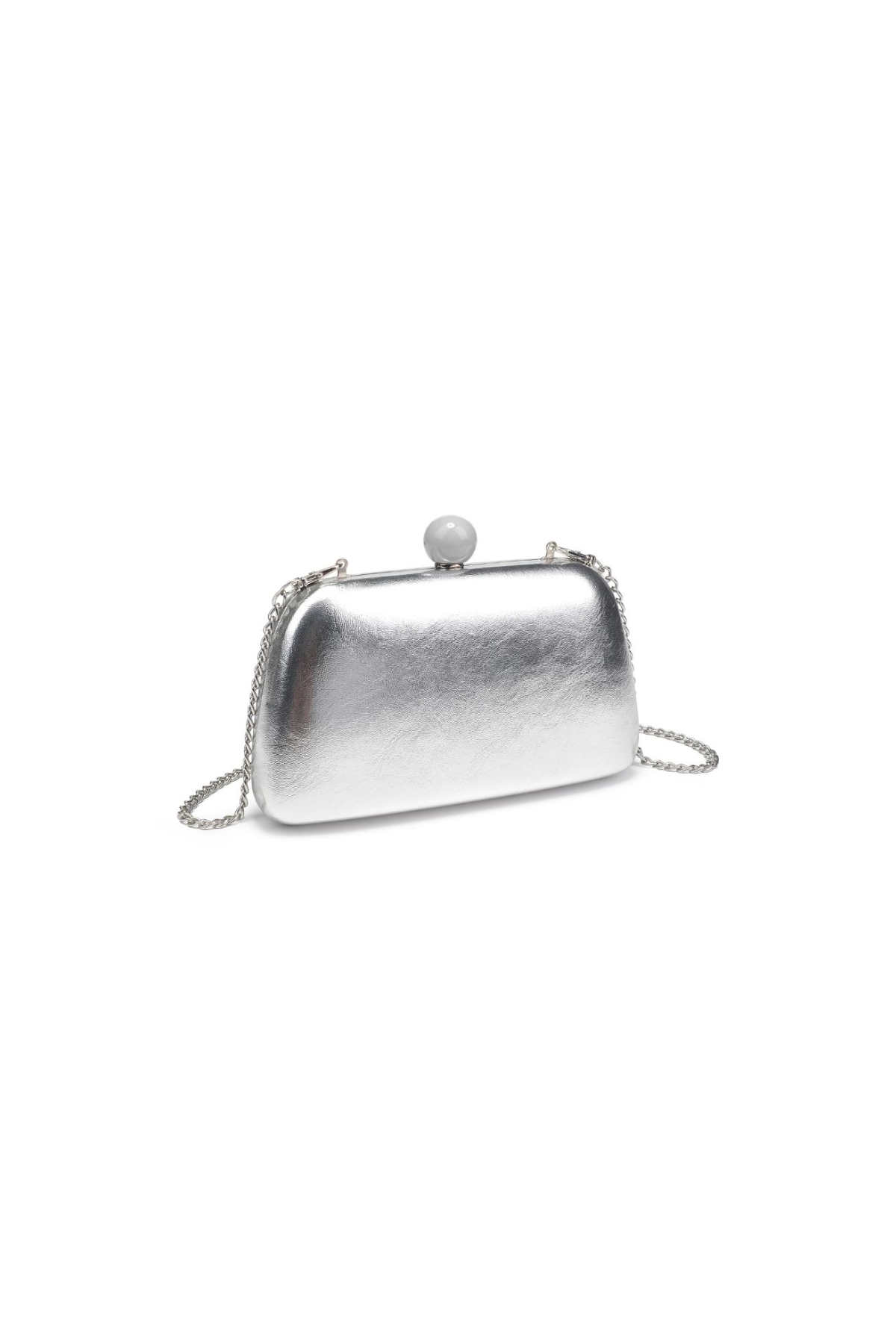 silver handbag on white background