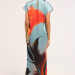 Model wearing a colorful printed sleeveless midi dress.