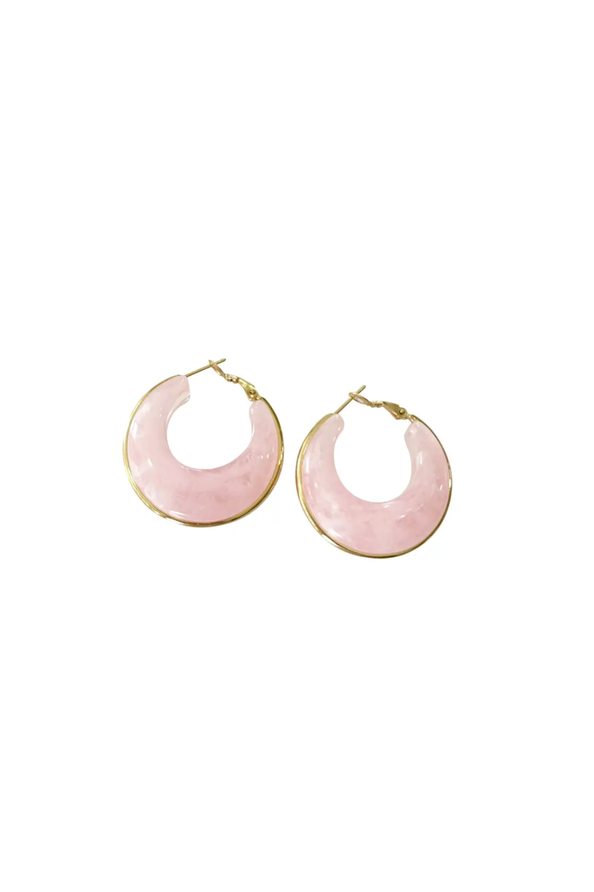 Pink hoop earrings with gold accents on a white background