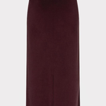 A dark burgundy midi skirt with a front slit and side pockets, shown against a light gray background.