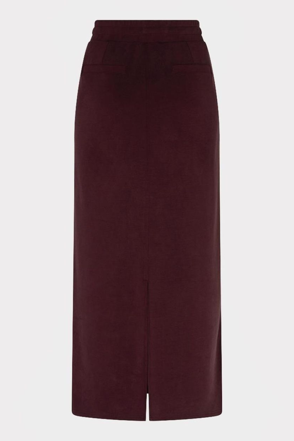 A dark burgundy midi skirt with a front slit and side pockets, shown against a light gray background.