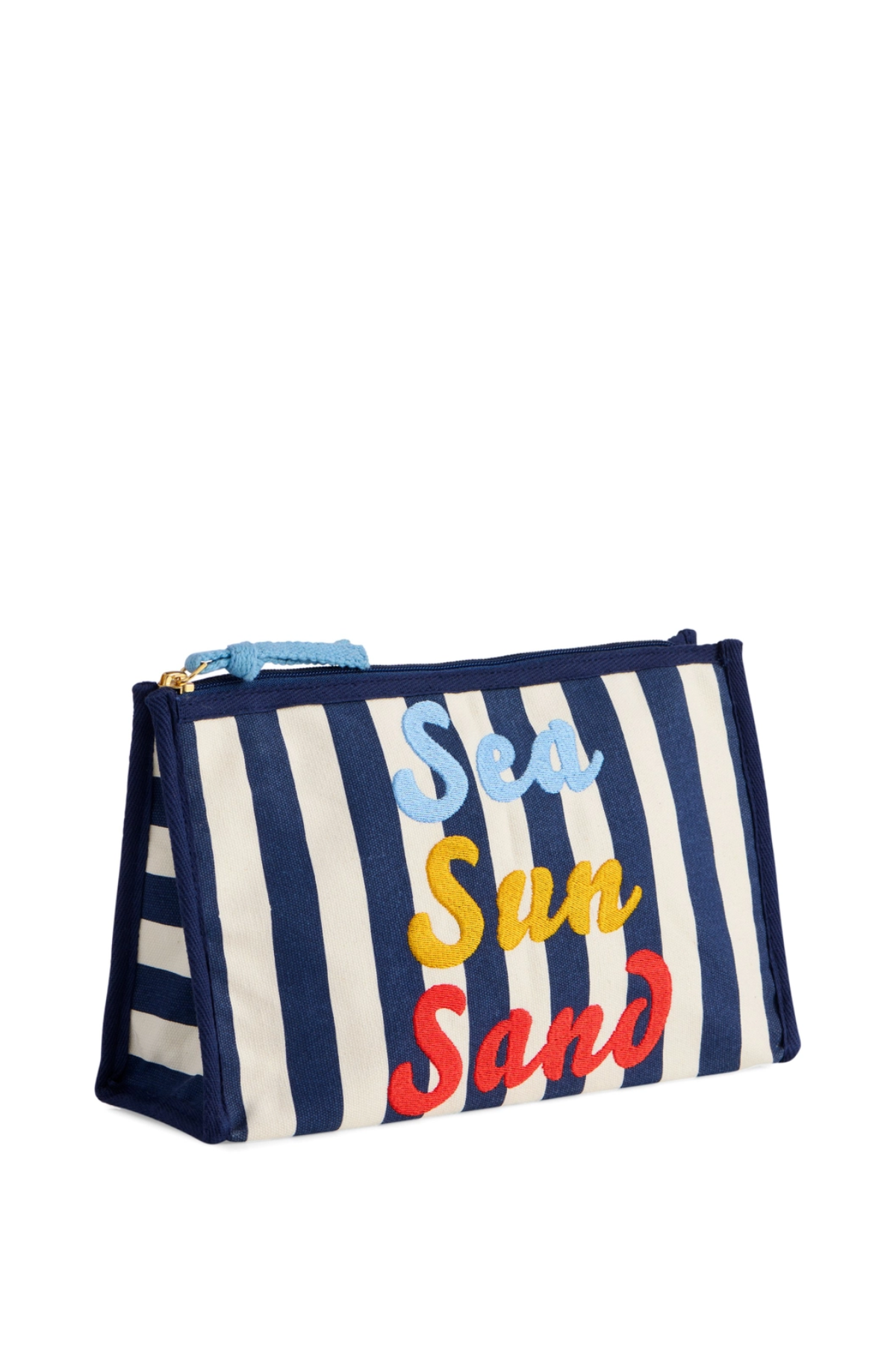 Striped bag with 'Sea Sun Sand' text on a white background