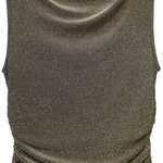 A sleeveless, cowl-neck knit top in a shimmering metallic olive-brown color, shown against a plain white background.