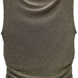 A sleeveless, cowl-neck knit top in a shimmering metallic olive-brown color, shown against a plain white background.