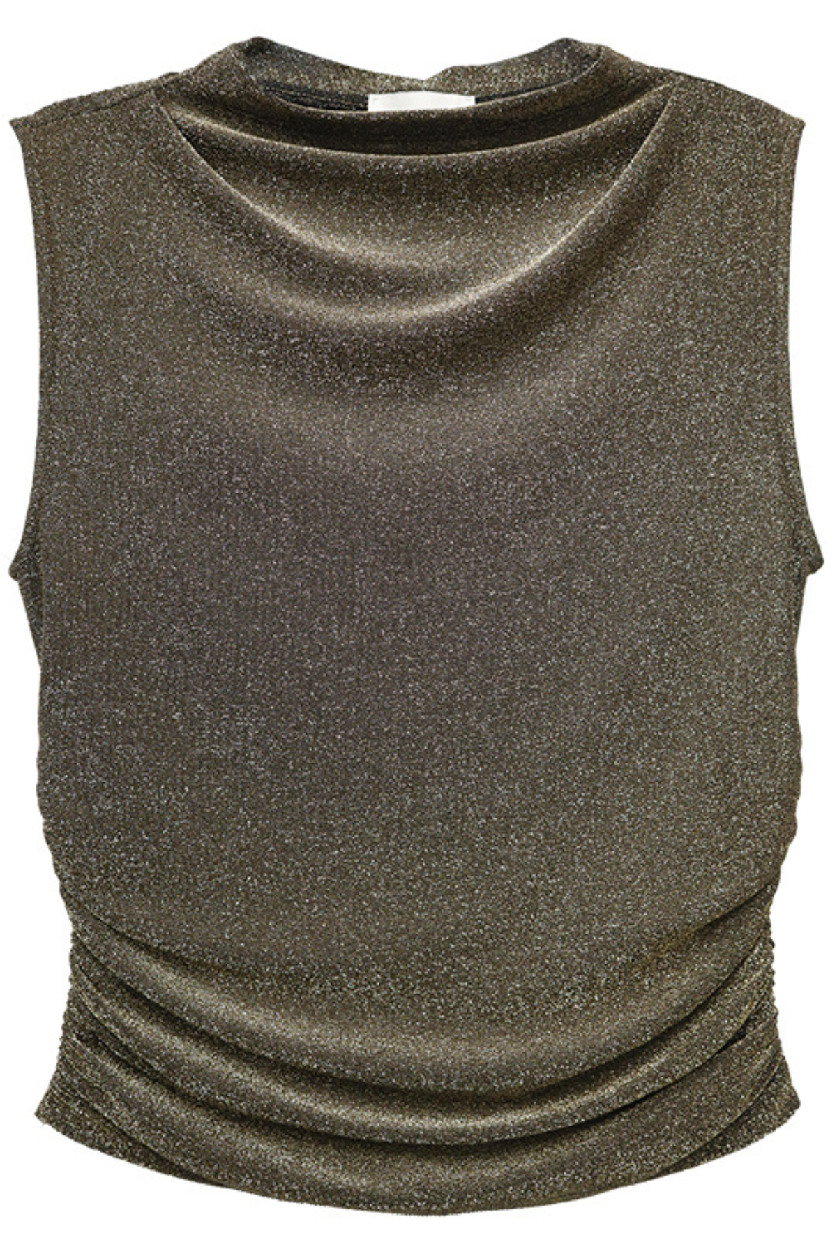 A sleeveless, cowl-neck knit top in a shimmering metallic olive-brown color, shown against a plain white background.