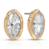 Gold earrings with clear gemstones on a white background