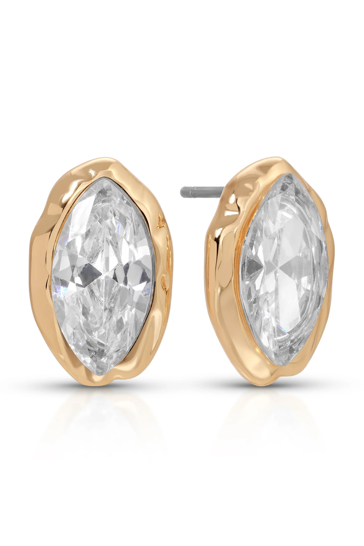 Gold earrings with clear gemstones on a white background