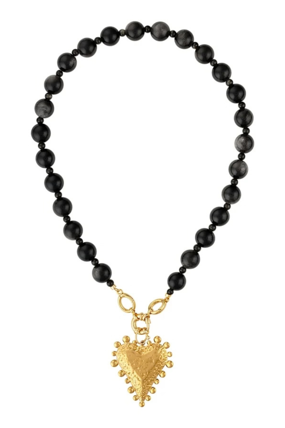 A beaded necklace featuring matte black round beads and a textured gold heart-shaped pendant, displayed on a clean white background.