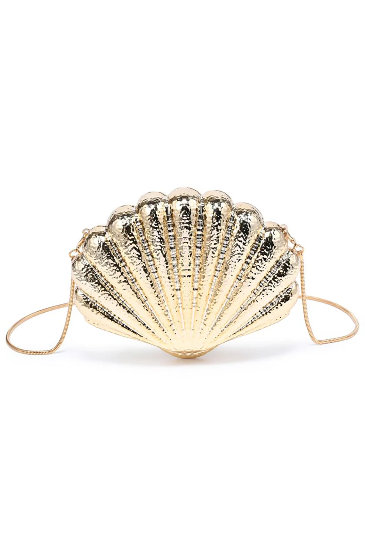 Gold shell-shaped clutch bag on a white background