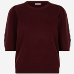 A dark burgundy knit sweater with three-quarter sleeves and a crew neck, displayed on a clean white background.