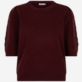 A dark burgundy knit sweater with three-quarter sleeves and a crew neck, displayed on a clean white background.