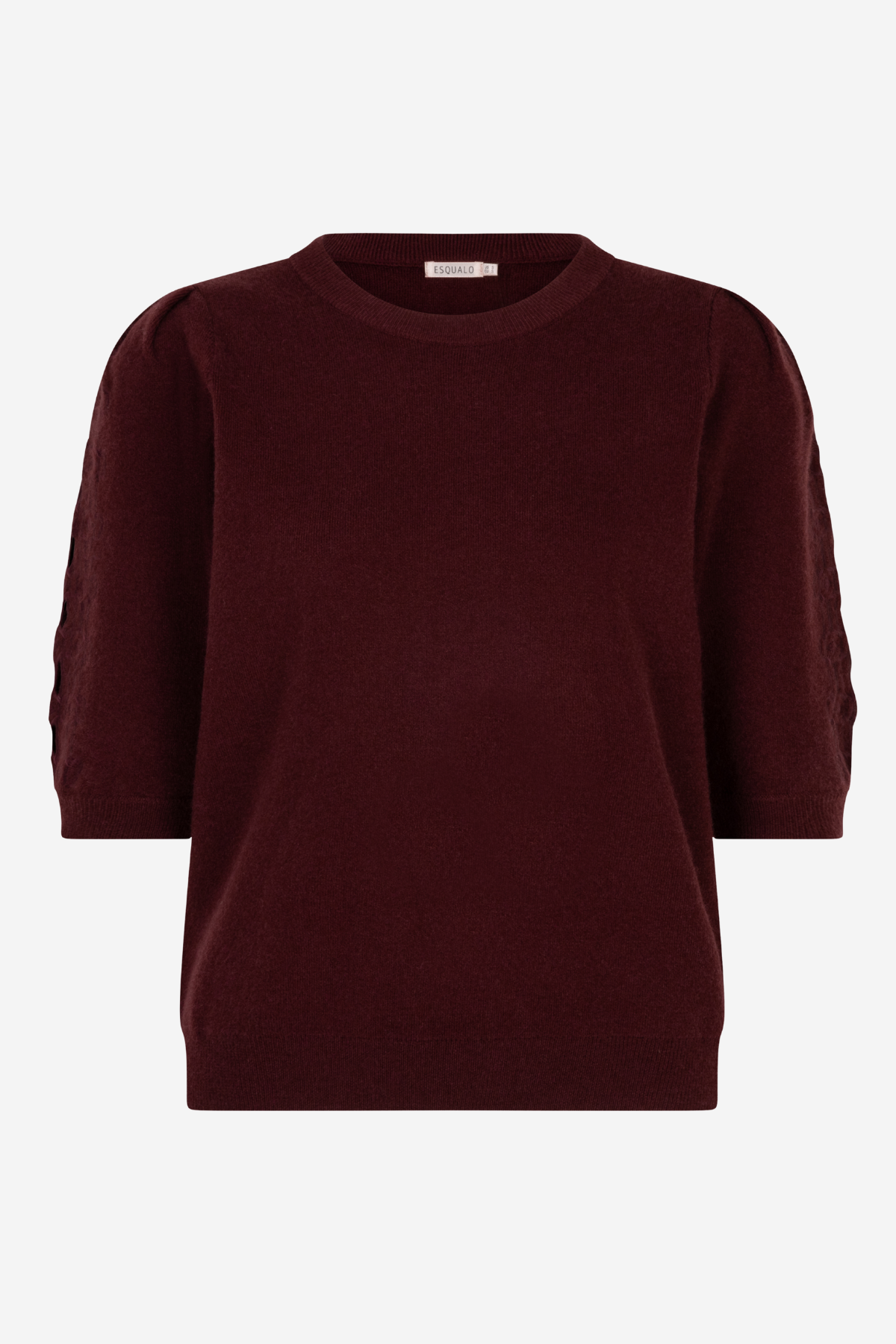 A dark burgundy knit sweater with three-quarter sleeves and a crew neck, displayed on a clean white background.