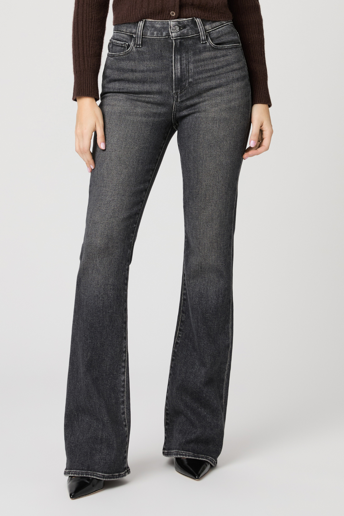 Women's Malibu Mist wash high-rise flare jeans featuring a 32-inch inseam and full-length silhouette.