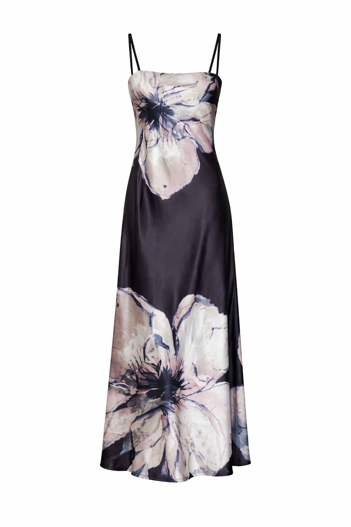 Floral dress with black straps on a white background