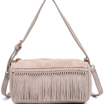 Women's natural shoulder bag featuring a structured silhouette, top handle, and neutral finish.