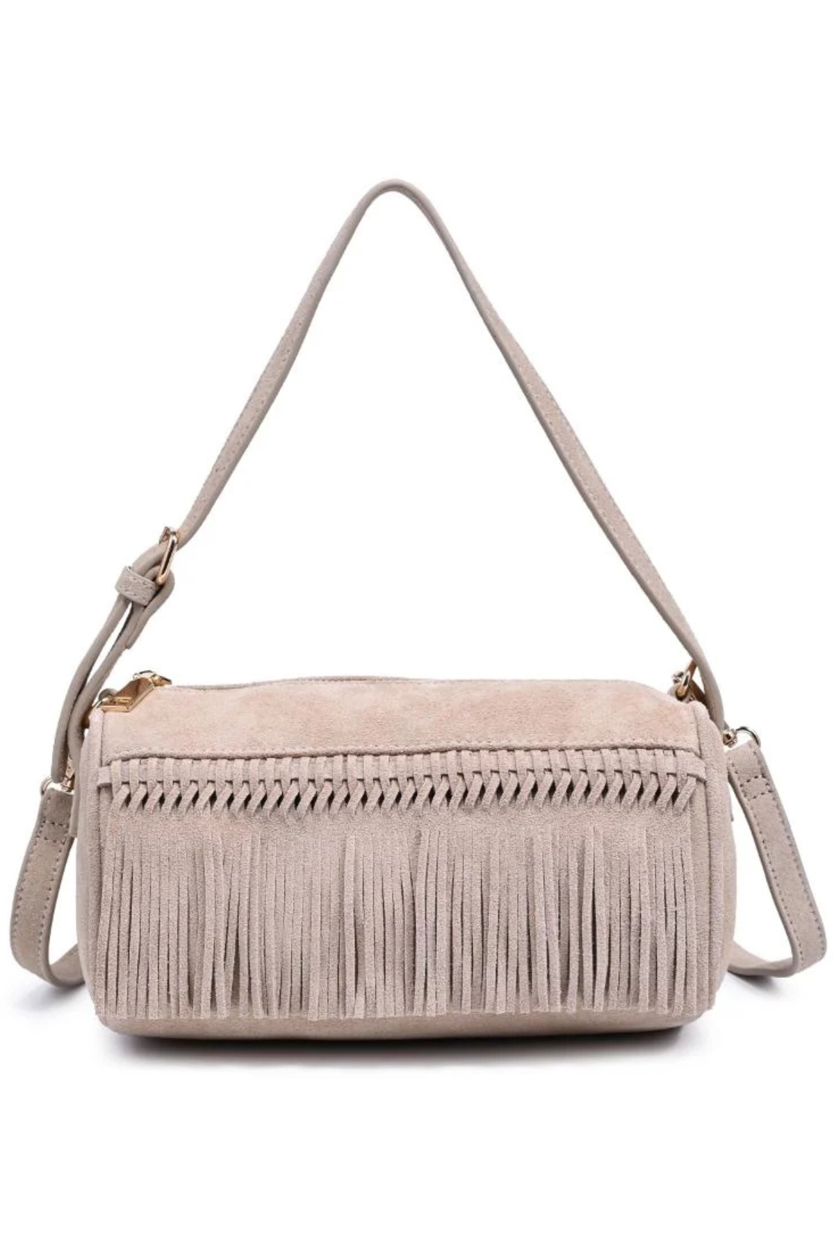 Women's natural shoulder bag featuring a structured silhouette, top handle, and neutral finish.
