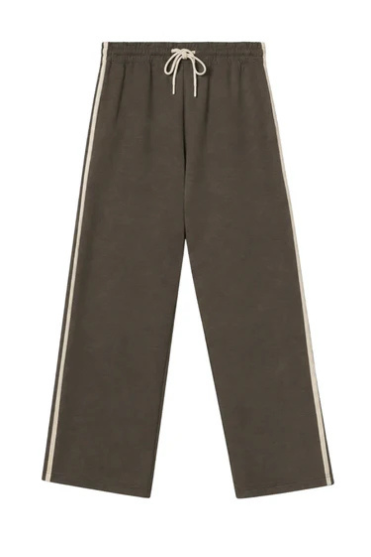 A pair of wide-leg jogger pants in dark brown, featuring double vertical stripes in beige on the sides and a beige drawstring at the elastic waistband, shown against a plain white background.
