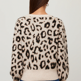 A woman viewed from the back wearing a cream-colored knit sweater with a black leopard print pattern and blue jeans, set against a plain light gray background.