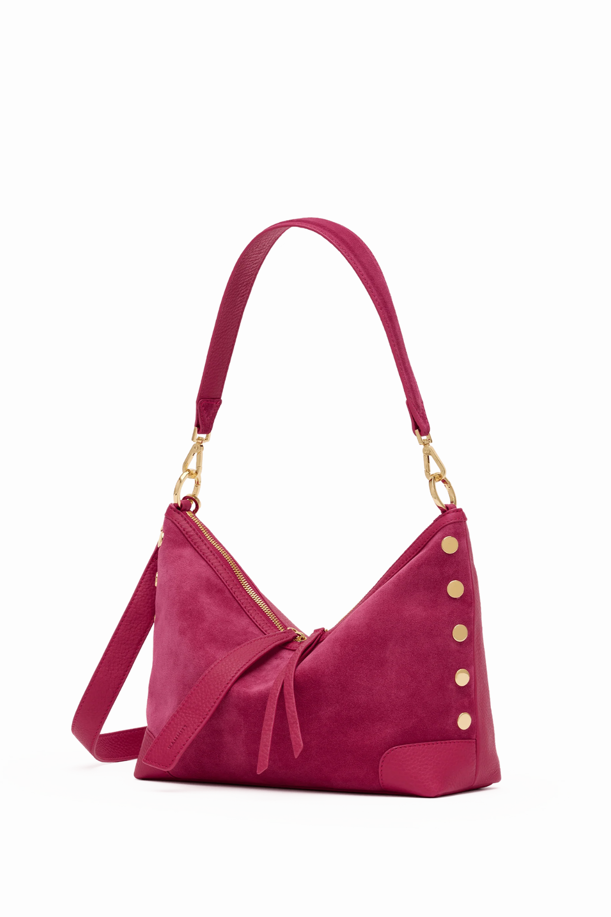 Pink handbag with gold accents on a white background
