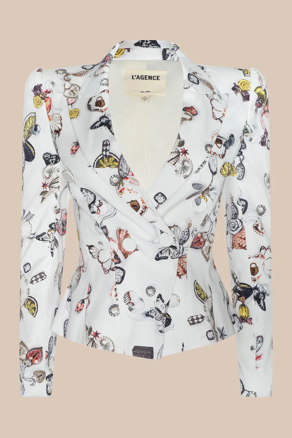 Butterfly patterned blazer on a beige background