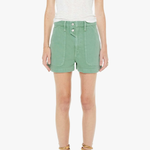 Person wearing a white t-shirt and green shorts on a white background