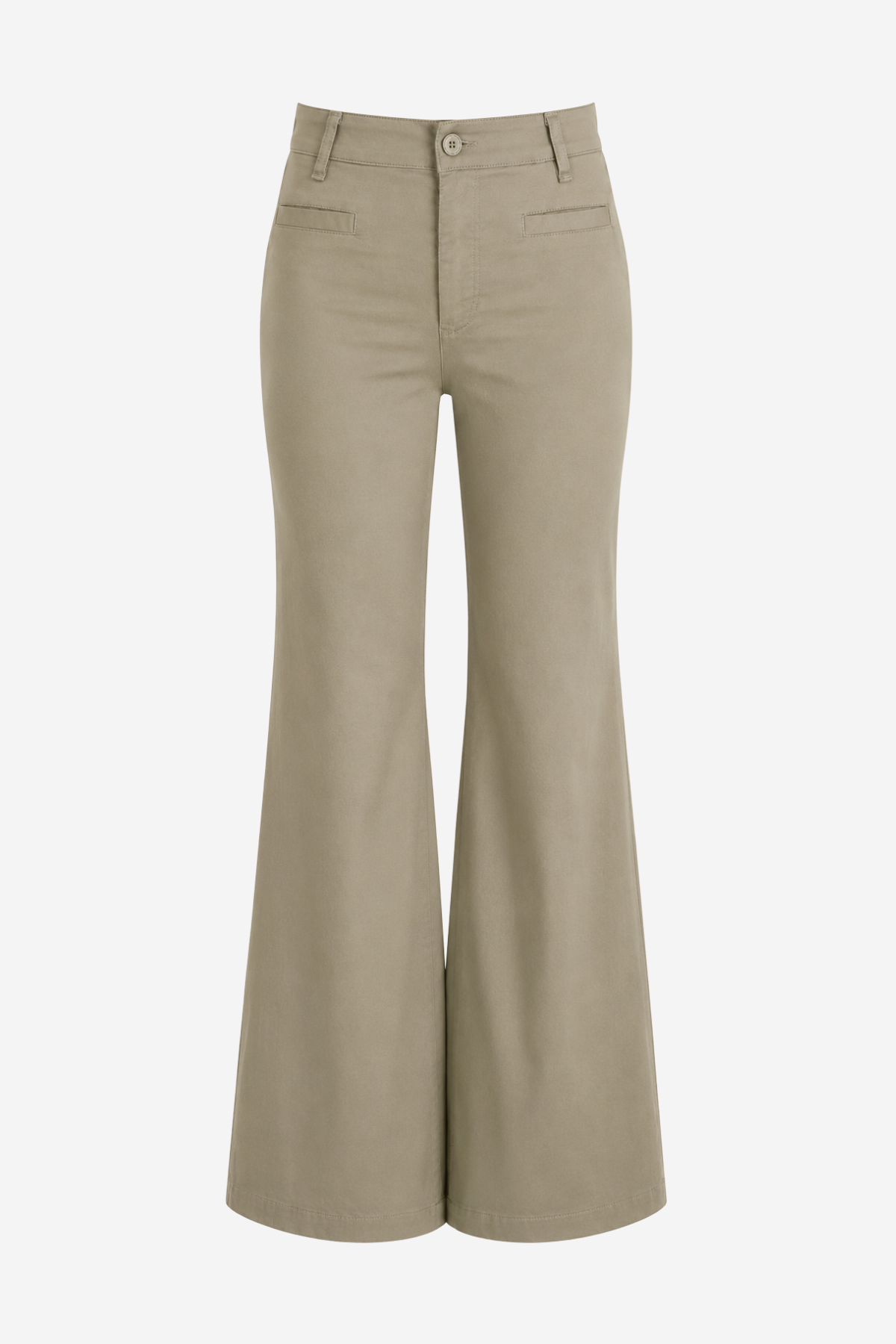 Women's high-waisted chino pants featuring a flare-leg silhouette in a versatile khaki neutral color.