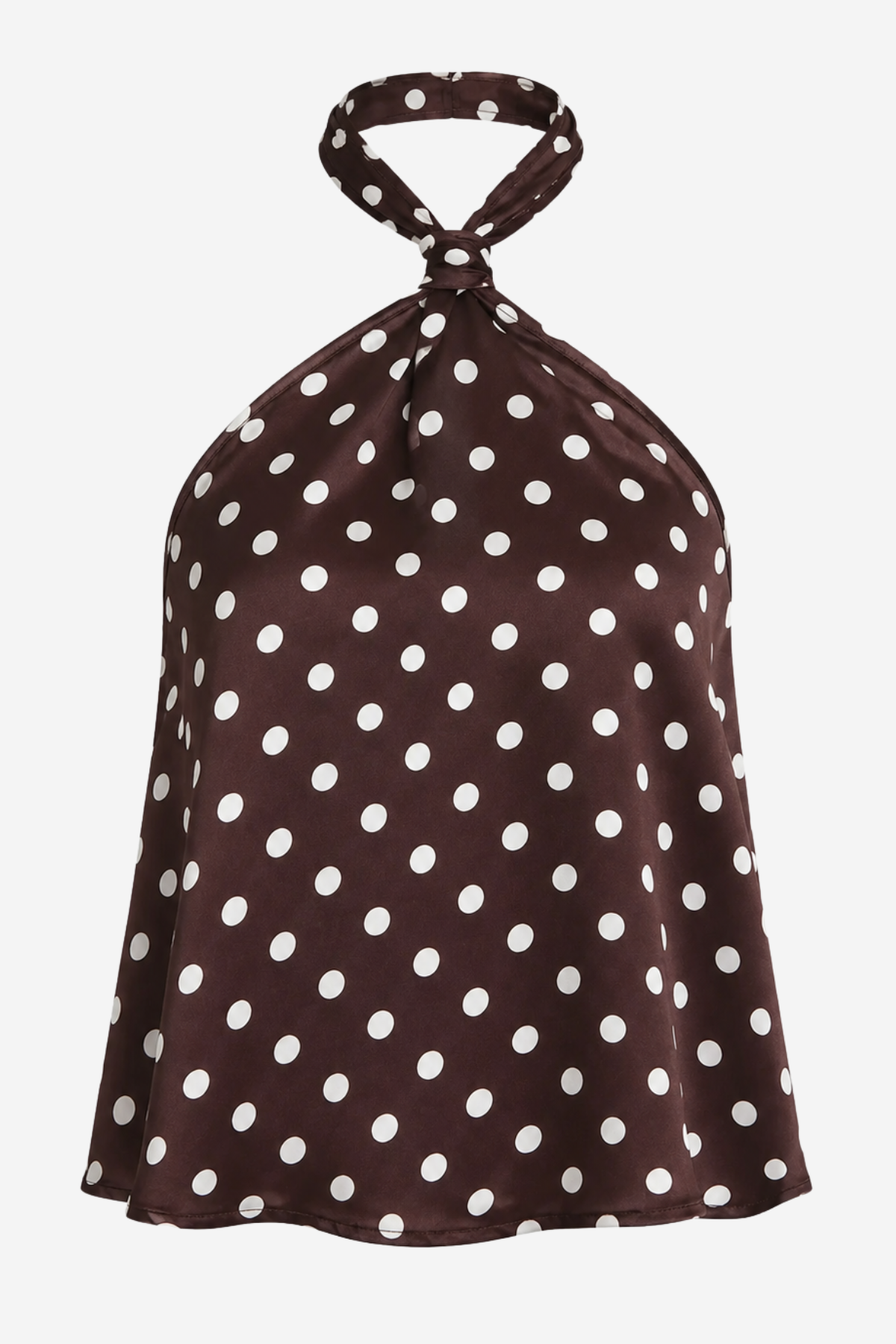 A halter-neck top in dark brown with a white polka dot pattern, displayed against a light gray background.