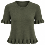 An olive green short-sleeve knit top with ruffled trim at the sleeve cuffs and hem, shown against a plain white background.