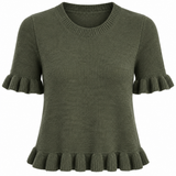 An olive green short-sleeve knit top with ruffled trim at the sleeve cuffs and hem, shown against a plain white background.