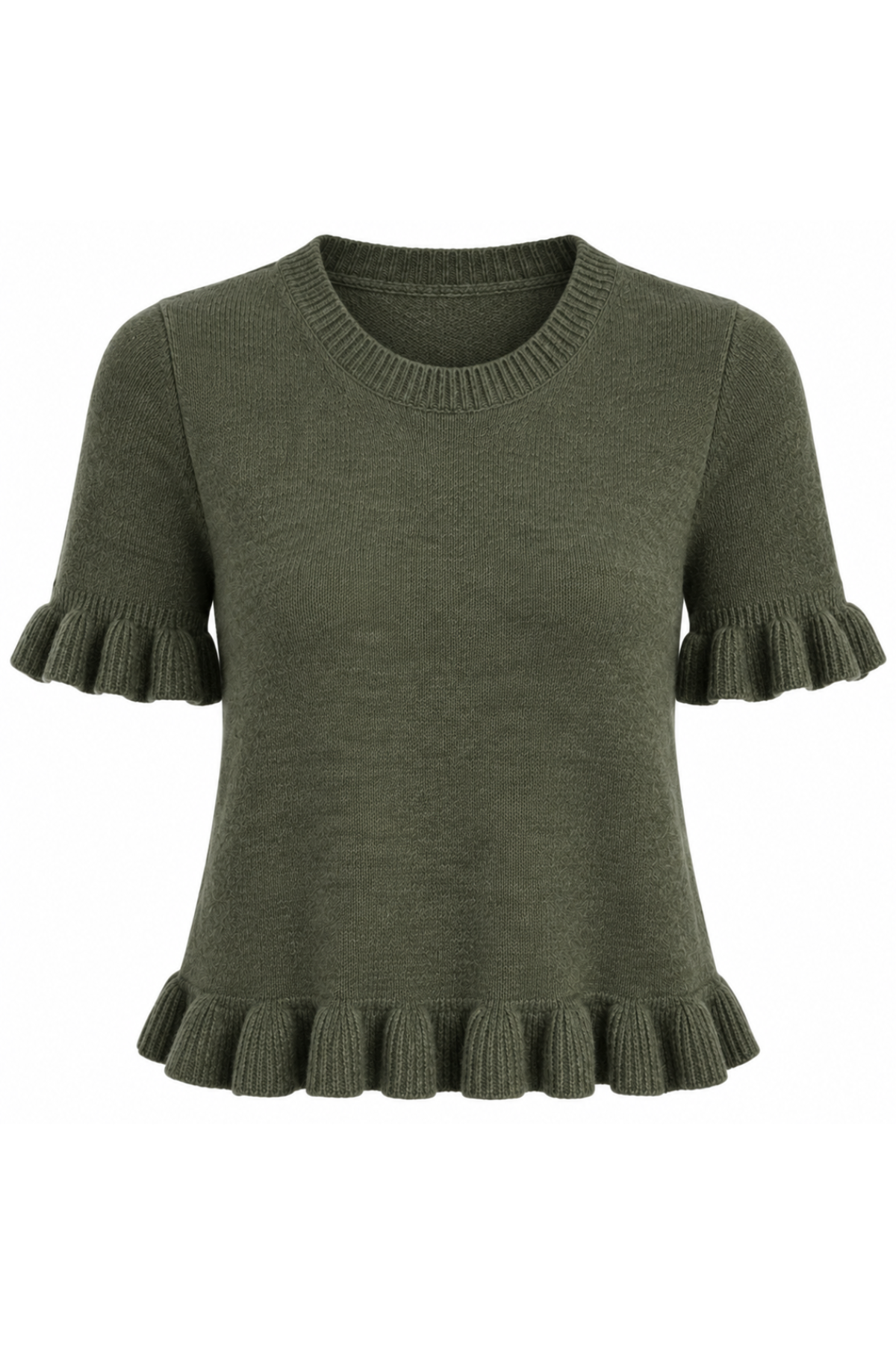 An olive green short-sleeve knit top with ruffled trim at the sleeve cuffs and hem, shown against a plain white background.