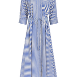 Blue and white striped dress with a belt on a white background